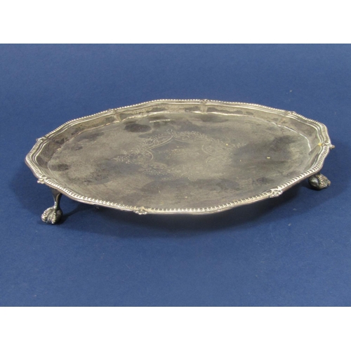 837 - Late Victorian silver waiter with scalloped and beaded rim, essentially engraved with floral shield ... 