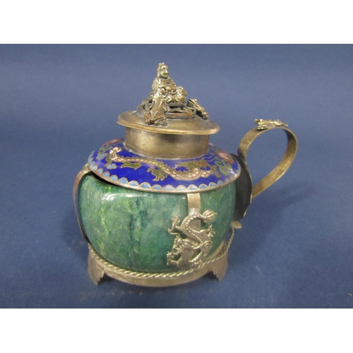 840 - Interesting Chinese white metal and cloisonne vessel, the lid cast with a seated Buddha and three fr... 