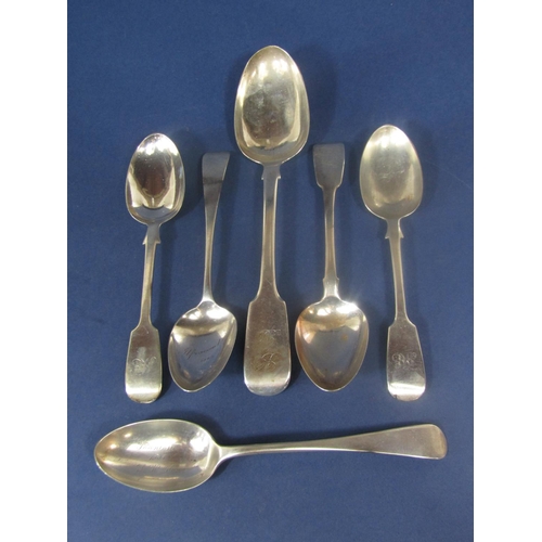 844 - Georgian silver fiddle pattern tablespoon, together with three fiddle pattern dessert spoons and two... 