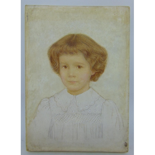 1110 - Charles March Gere RA RWS (British 1869-1957) - Bust length portrait of a brown-eyed child in white ... 