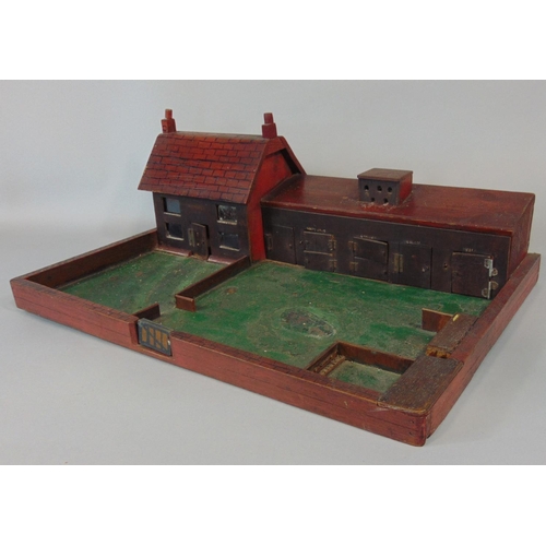 1242 - Hand built folk art style model of a house and farm yard with stables, pig pen and dove cote, 62 x 4... 