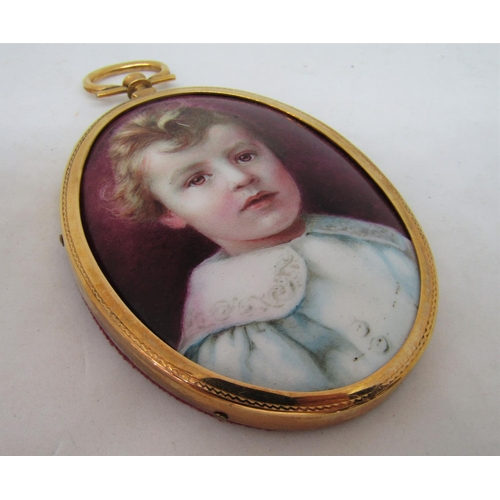 1076 - Late 19th century British school - Bust length miniature portrait of a brown eyed child wearing a tu... 