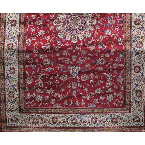 2420 - Red Ground Cashmere carpet with traditional Shabas medallion design, 240 x 160cm