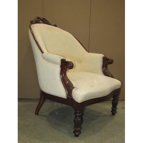 1918 - A pair of 19th century spoon back drawing room chairs, with cream ground repeating floral patterned ... 