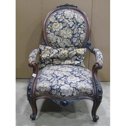 1922 - A Victorian drawing room chair, with floral patterned upholstered sprung seat with serpentine front,... 