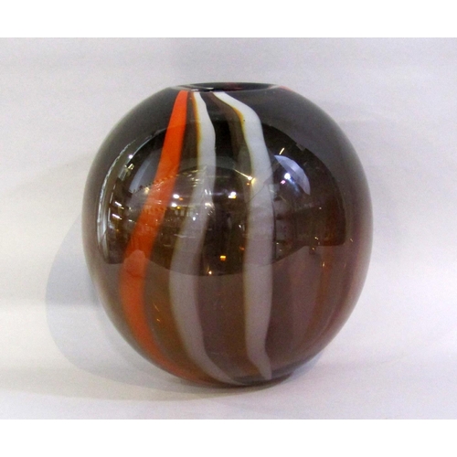 752 - Large mid 20th century globe floor vase, with red and white streaks on a brown ground, 35cms high