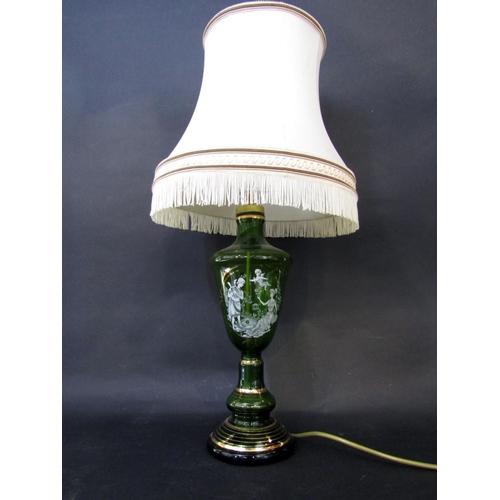 756 - Mary Gregory type green glass baluster lamp base with white overlay of a classical romantic scene wi... 