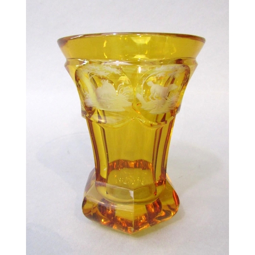 759 - Attractive Bohemian citrine glass vase, with etched panels of wildlife, 11cm high