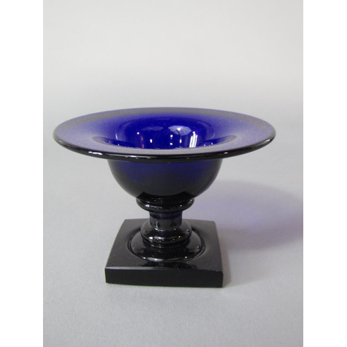 763 - A good quality set of six blue glass sweet meat glasses, the flared rims on turned stems and square ... 