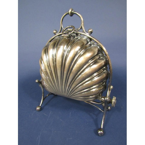 782 - Good novelty silver plated muffin dish in the form of a scallop shell, the hinged sides enclosing a ... 