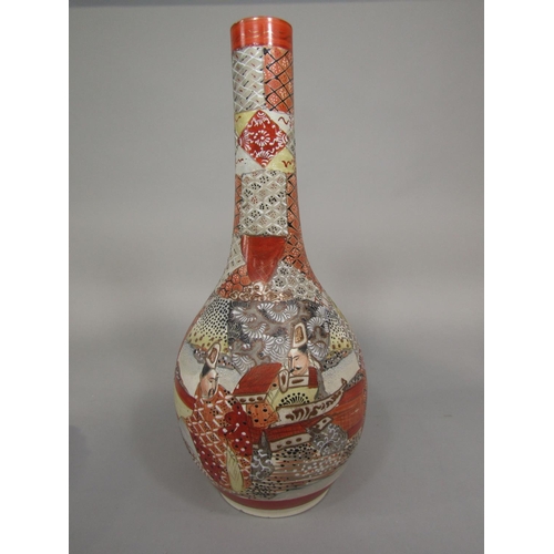 669 - A pair of tall early 20th century Satsuma bottle shaped vases with drawn necks and painted male char... 