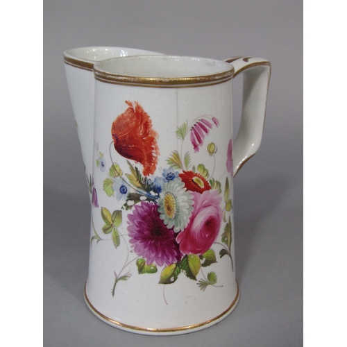 679 - An unusual early 19th century cream ware shaving mug with painted floral sprays, 11.5cm tall approx