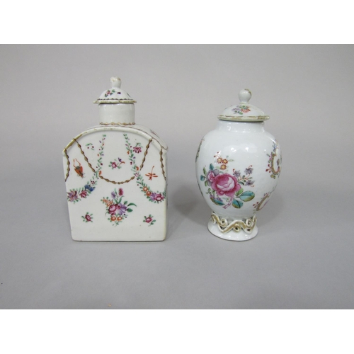 682 - An 18th century Chinese tea caddy and stopper of two sided arched topped form with famille rose pain... 