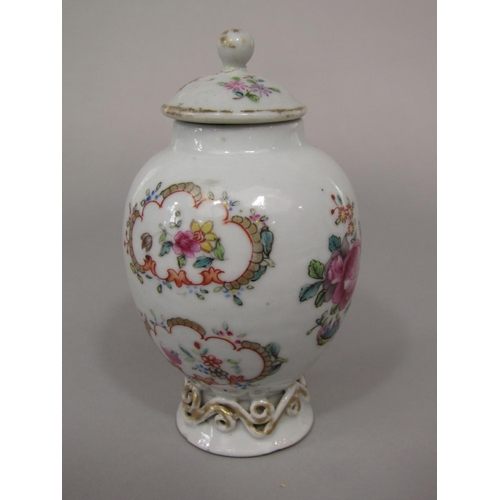 682 - An 18th century Chinese tea caddy and stopper of two sided arched topped form with famille rose pain... 