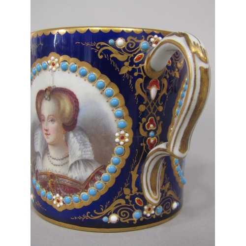 685 - An 18th century Sevres cabinet cup with three oval reserved portrait panels of characters in 17th ce... 