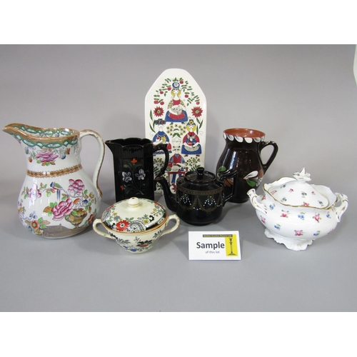 695 - A collection of 19th century and later ceramics including black glazed Jackfield type tea wares, a p... 