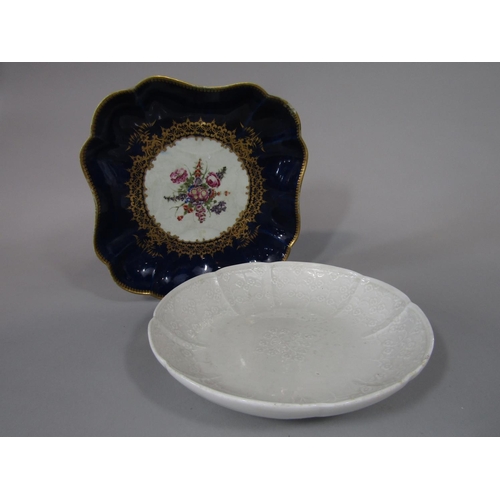 703 - A late 18th century Worcester blue ground dish of square shaped form with painted floral bouquet to ... 