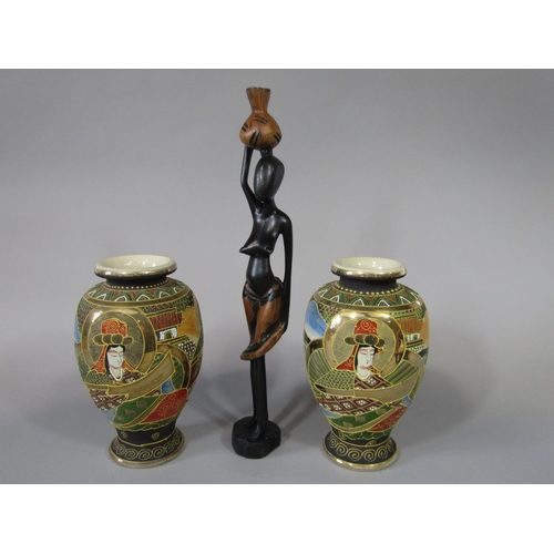 709 - A pair of 20th century Satsuma type vases with painted and gilded male character decoration, with pa... 