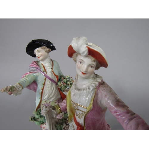 713 - A pair of 18th century Derby figures of a fruit picker accompanied by his dog and a shepherdess gath... 