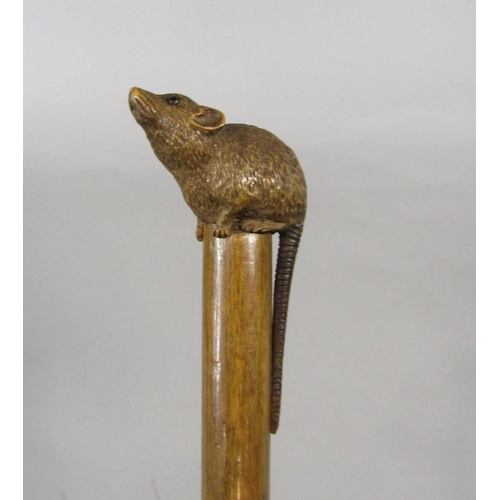 1265 - 19th century parasol, the handle carved with a rodent with glass eyes