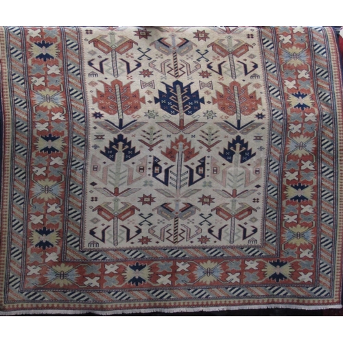 2392 - Good quality Persian village carpet with geometric ethnic decoration upon a cream ground, 200 x 150c... 