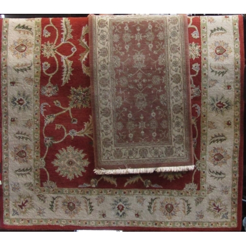 2408 - Large full pile Indian carpet with repeating scrolled floral decoration, together with a smaller Ind... 