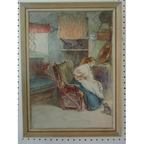 2240 - Late 19th century school - Cottage Interior with seated young lady and kitten, monogrammed WB, water... 