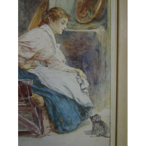 2240 - Late 19th century school - Cottage Interior with seated young lady and kitten, monogrammed WB, water... 