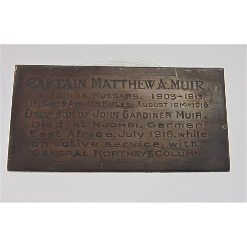 1119 - 1914/15 Star, 14-18 and Victory medal and plaque, all named Captain M Muir (Mathew Andrew Muir) toge... 