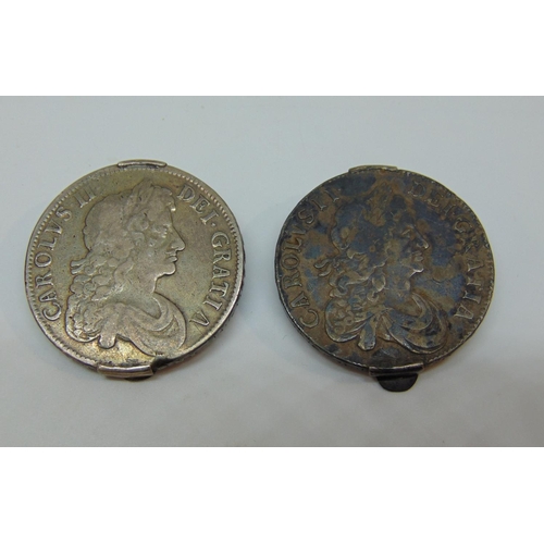 1122 - Two Charles II silver crown coins (as brooches) Charles II half crown 1677, Edward VIII Commemorativ... 