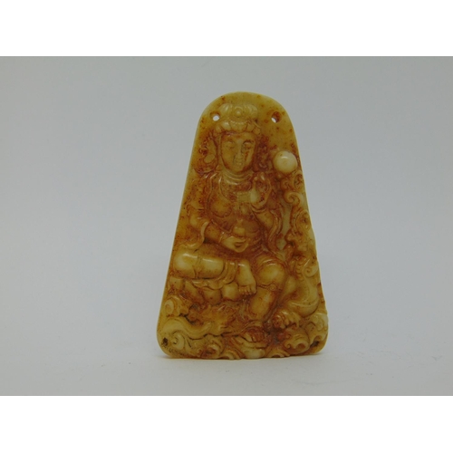 1124 - Chinese jadeite snuff bottle, another and a small carved stone panel depicting a Buddhist figure and... 