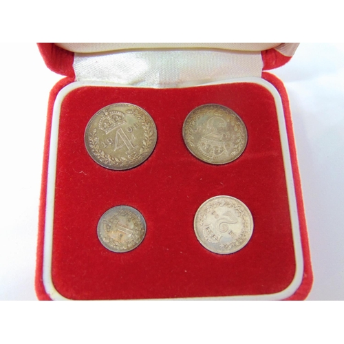 1132 - Four coin silver maundy set, 4d, 3d, 2d, 1d, 1906 and three other silver coins