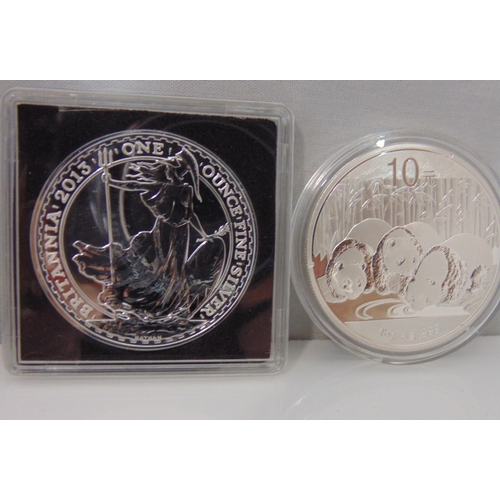 1145 - 2 x 1oz silver Britannia coins, 2013 1oz silver Canadian wood bison coin and a 1oz silver panda coin... 