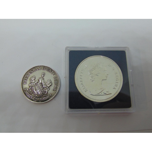 1160 - 1987 Canadian dollar Davis Strait silver coin and English hallmarked school medal, Victorian Cross p... 