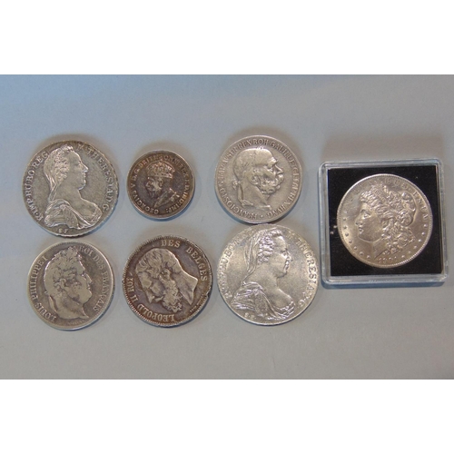 1154 - Two silver thalers, US silver dollar 1901, 1834 silver French 5 franc coin, 1872 Belgian 5 franc coi... 