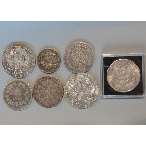 1154 - Two silver thalers, US silver dollar 1901, 1834 silver French 5 franc coin, 1872 Belgian 5 franc coi... 