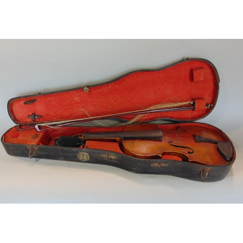 1462 - 19th century continental unlabelled violin, with case and two bows, the violin 60cm long