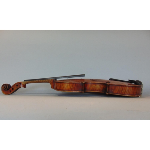 1462 - 19th century continental unlabelled violin, with case and two bows, the violin 60cm long