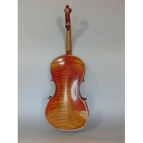 1462 - 19th century continental unlabelled violin, with case and two bows, the violin 60cm long