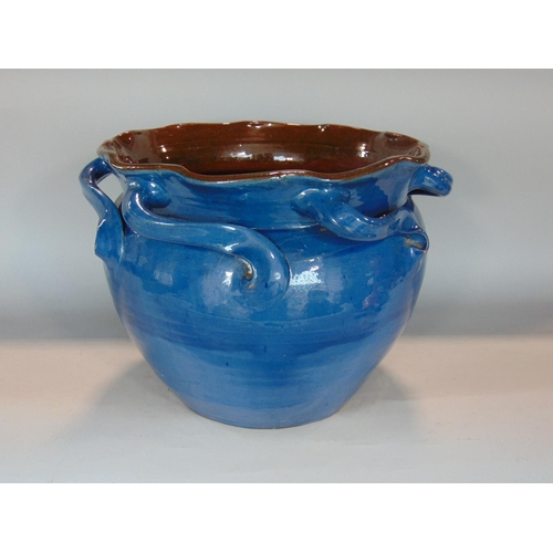 692A - A large blue glazed Barum ware jardiniere with repeating loop handles