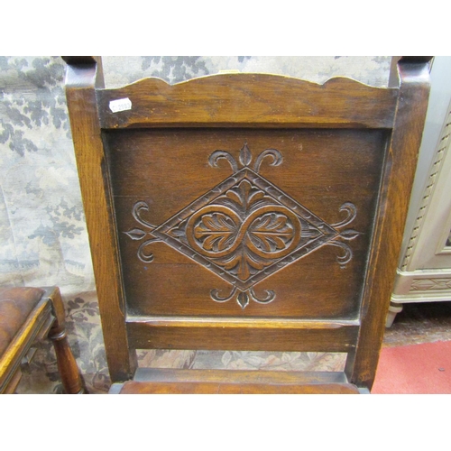 2138 - Six (4+2) oak frame dining chairs, in the Old English manner, with turned supports, hide upholstered... 