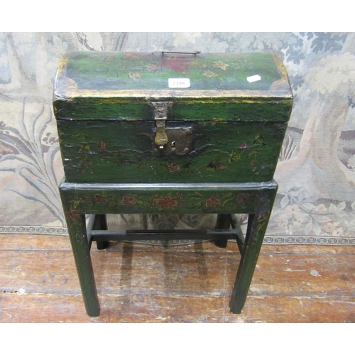 2190 - An antique painted coffer on stand with domed lid, raised on a simple open framework, with square cu... 