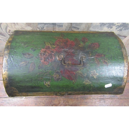 2190 - An antique painted coffer on stand with domed lid, raised on a simple open framework, with square cu... 