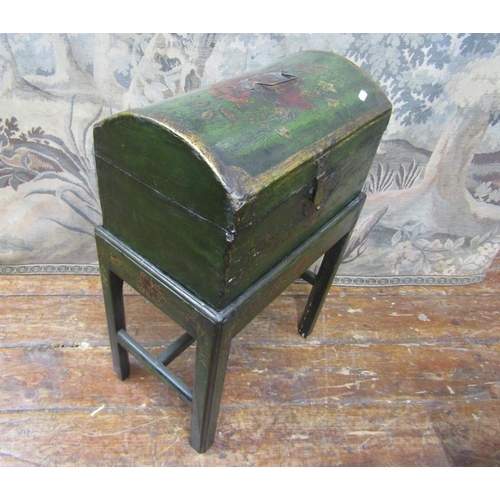 2190 - An antique painted coffer on stand with domed lid, raised on a simple open framework, with square cu... 