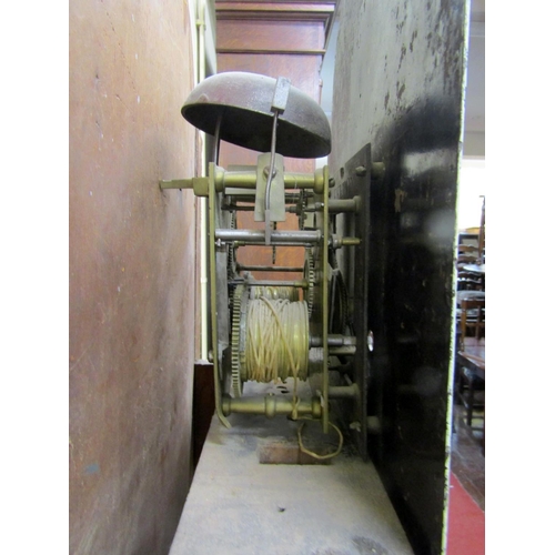 2134 - A Georgian oak Countrymade longcase clock, the arched hood enclosing broken arch painted dial with f... 