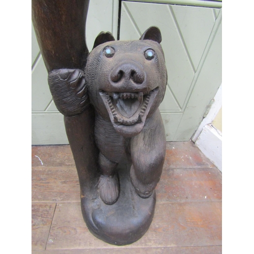 2155 - A carved hat stand showing mother bear and cub against a tree, 130cm high