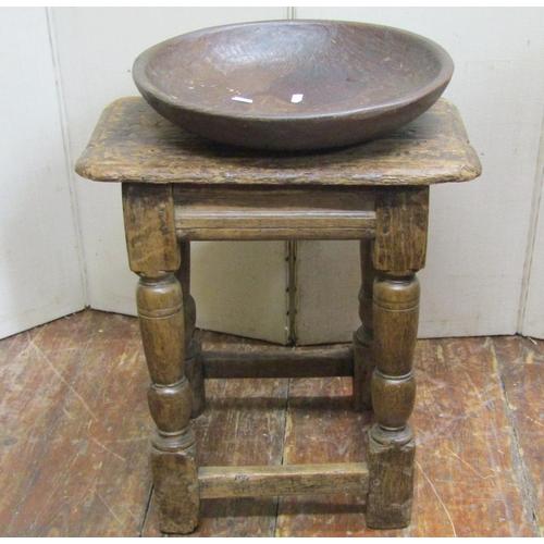 2088 - An 18th century oak side/occasional table, the rectangular overhanging two plank top raised on turne... 