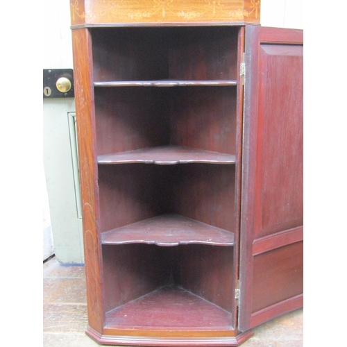 2104 - An interesting Edwardian mahogany hanging corner cupboard, the panelled door with musical panoramas,... 