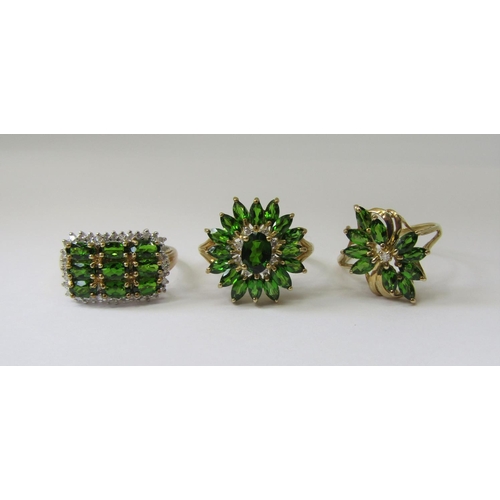 865 - Three 9ct green gem and diamond set dress rings, 10g total (3)