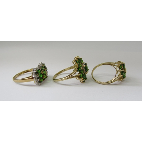 865 - Three 9ct green gem and diamond set dress rings, 10g total (3)